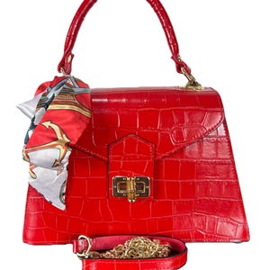 Bolso de mano de piel italiana para mujer, con estampado de cocodrilo, bandolera de diseñador, hecho a mano en piel italiana con asa superior – Nala Red