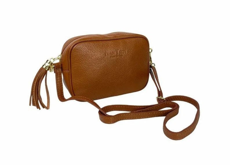 Camel Leather Crossbody Camera Tassel Shoulder Bag, Genuine