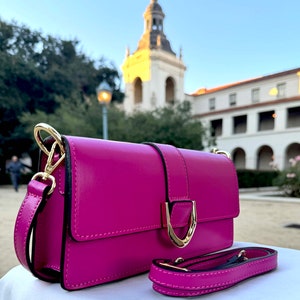 Bolso de noche italiano Ava Fushia hecho a mano, bolsos de cuero italiano, monedero de cuero italiano, bolso mensajero de cuero italiano de grano superior