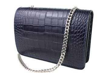 Julia Dark Blue Embossed Croco Italian Leather Flap Shoulder Bag