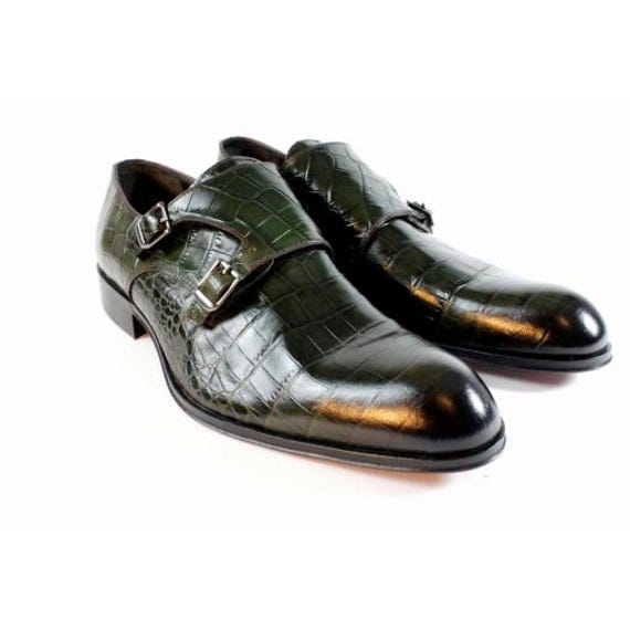 Italian Handmade Men s Leather Shoes Monk strap Iba Green Crocodile Printed Men s Dress Shoes Men s Leather Dress Shoes Made in Italy