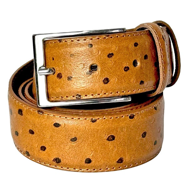 Italian leather Cognac Ostrich Printed embossed embossed Silver buckle Classic leather belt Dress Mens Belts/Made in Italy