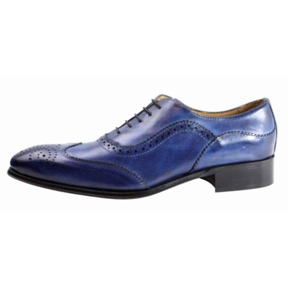 Italian Handmade Men's Leather Shoe Baki Blue Oxford Italian