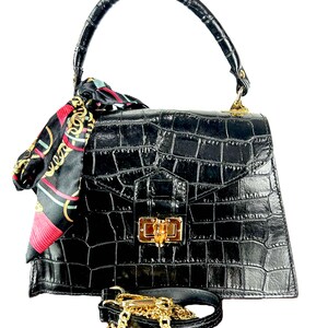 Bolso de mano de piel italiana para mujer, con estampado de cocodrilo, bandolera de diseñador, hecho a mano en piel italiana con asa superior – Nala Black