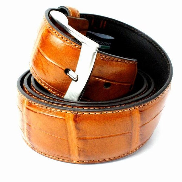 Italian leather Cognac Crocodile Croco embossed Silver buckle Classic leather belt Dress Mens Belts/Made in Italy