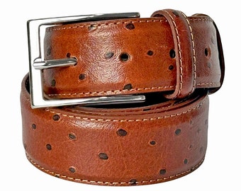 Italian leather Brown Ostrich Printed embossed embossed Silver buckle Classic leather belt Dress Mens Belts/Made in Italy