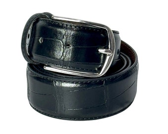 Italian leather Black Crocodile Croco embossed Silver buckle Classic leather belt Dress Mens Belts/Made in Italy