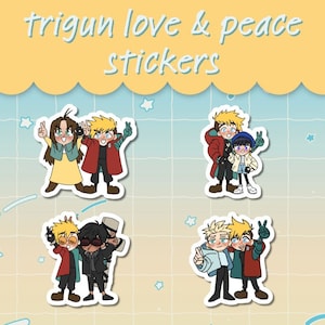 Pegatinas de vinilo de 2" con la frase "Amor y paz" de Trigun Stampede