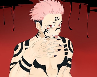 May include: Digital illustration of a character with pink hair, red eyes, and black markings. The character has black fingernails and is shirtless, with black tattoos on their arms and torso. The background is a solid red with black drips.