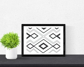 Black and White Triangle Wall Art Print, Horizontal, Modern, Triangle Pattern Painting, Rustic, Minimalist Scandinavian, Contemporary Art