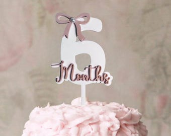 Six months Coquette Girls Bow cake topper Baby milestone topper Bow Girls 1/2 Birthday Topper  Smash Cake Photography Prop Half Birthday