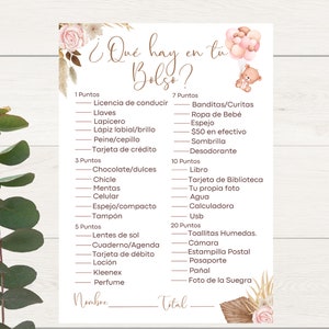 Spanish Que hay en tu bolso Baby Shower Game Teddy Bear Pink Boho Girl Baby Shower Game En Español Instant Download Printable Games