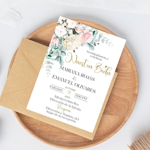 Spanish Blush Gold  floral Wedding invitation template. Invitaciones de boda floral en  español Editable,Spanish. Instant Download