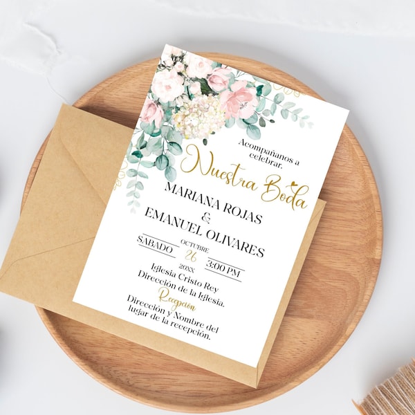 Spanish Blush Gold  floral Wedding invitation template. Invitaciones de boda floral en  español Editable,Spanish. Instant Download