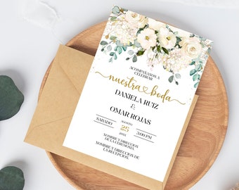 Spanish Wedding invitation template white and gold. Invitaciones de boda floral en  español Editable,Spanish. Instant Download