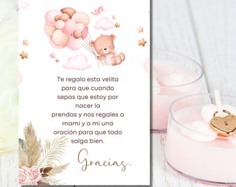 Spanish Baby Shower Favor  Card , Spanish Candle Favors favor card, Recuerdo para Baby Shower, Wishes and payer for baby favor card.
