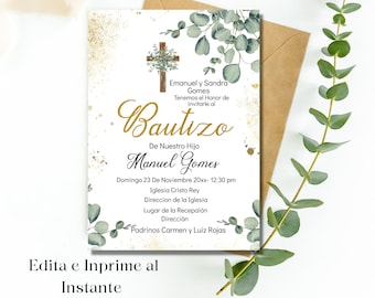 Eucalipto invitación de bautizo, Invitacion Editable en español, baptism invitation in spanish green gold letter, instant download.