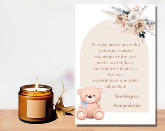 Carta di favore per baby shower spagnola per ragazzi, carta di bomboniere per candele spagnole, Recuerdo para Baby Shower, desideri Boho e pagatore per carta di favore per bambini.