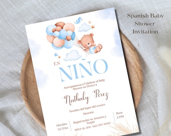 Spanish Baby Shower Printable Invitation for Boy - Invitación de teddy bear azul para Niño Editablen Imprimirble, Instant Download.