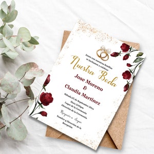Invitación de boda totalmente en Español- Invitación de color vino y oro editable y de descarga instantanea.