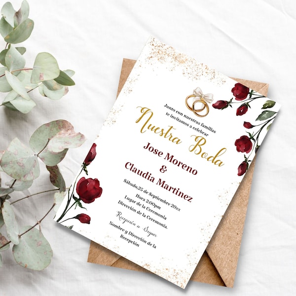 Spanish Modern Printable Wedding Invitation Template, Red Wine Spanish Wedding Invite, Editable & Printable Set, Instant Download
