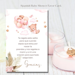 Cartão espanhol de lembrancinhas para chá de bebê, cartão espanhol de lembrancinhas de velas, lembrete para chá de bebê, desejos e pagador de cartão de lembrancinhas para bebês.