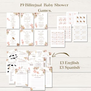 Paquete Bilingue de juegos para Baby Shower de Niña en Español, Imprimible Moderno para Baby shower de  Descarga Instantanea.