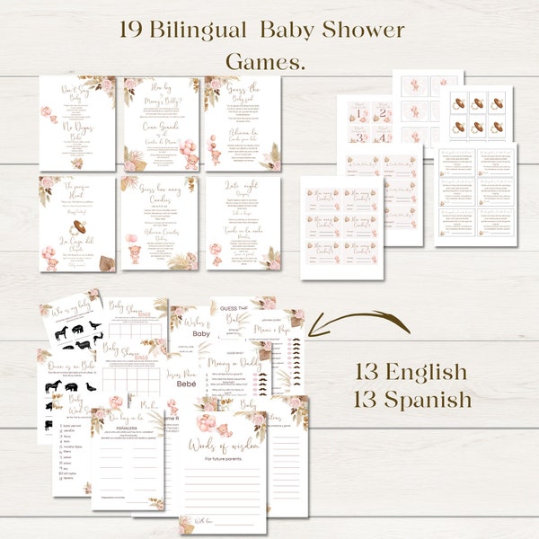 Paquete Bilingue de juegos para Baby Shower de Niña en Español, Imprimible Moderno para Baby shower de  Descarga Instantanea.