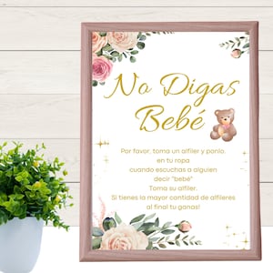 Cartel de no digas Bebé Spanish baby shower game sign, cartel   floral Blush pink de descarga instantánea