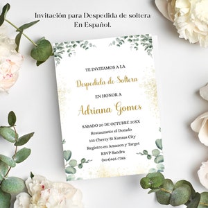 Modelo de convite para chá de panela espanhol, cartão de convite Despedida de Soltera editável em ouro verde para impressão, download.