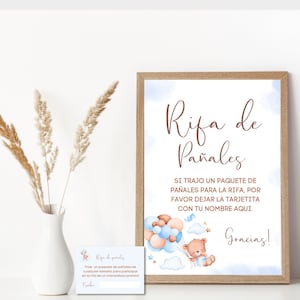 Spanish Diaper Raffle Sign and Diaper Raffle Invitation Insert, Boys Boho Teddy Bear Rifa de Pañales Sign  En Español, Instant Download