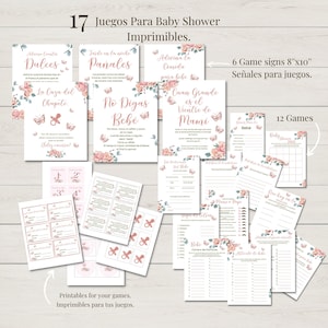 Juegos para baby shower rosita, paquetede juegos floral para baby shower de Niña, imprimible para baby shower descarga al instante.
