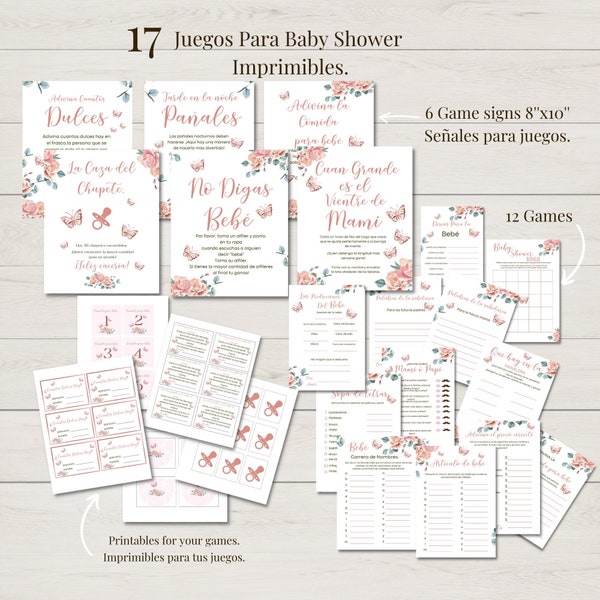 Juegos para baby shower rosita, paquetede juegos floral para baby shower de Niña, imprimible para baby shower descarga al instante.