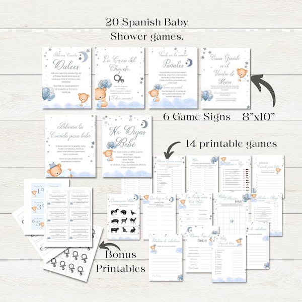 Bundle de jeux imprimables pour baby shower en espagnol, panneaux de signalisation et jeux en espagnol, paquet de jeux pour baby shower en espagnol TÉLÉCHARGEMENT IMMÉDIAT.