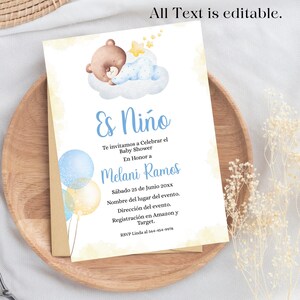 Spanish Baby Shower Printable Invitation for Boy - Spanish Invitación de teddy bear azul para Niño Editablen Imprimirble, Instant Download.