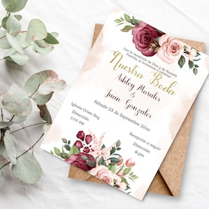 Invitación de boda totalmente en Español- Invitación de boda color Vino Imprimible de descarga Instantanea.