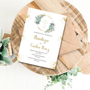 Spanische Gender Neutral Taufe Einladung - Taufe grün gold spanische Einladung, Invitación de Bautizo sofortiger Download.