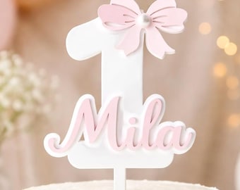 Personalized Bow First Birthday cake topper Custom 1st Birthday Coquette Bow Baby girls birthday photo prop Number One Party cake decor