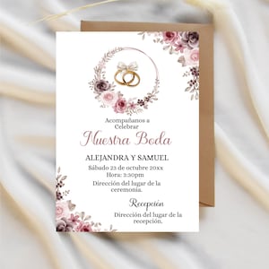 Modelo de convite para impressão de casamento floral Blush-Borgonha espanhol - Invitacion para Boda en Español- Invitacion Editable printable Invitation.