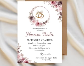 Spanish Blush-Burgundy Floral Wedding Printable Invitation Template - Invitacion para Boda en Español- Invitacion Editable printable Invite.