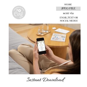 May include: A person holding a smartphone displaying a digital invitation with a floral design and the text "Wedding Bells". The invitation includes details such as the date, time, and location of the wedding. The text "SHARE JPEG FILE sent via EMAIL, TEXT OR SOCIAL MEDIA!" is displayed above the phone. The text "Instant Download" is displayed below the phone.
