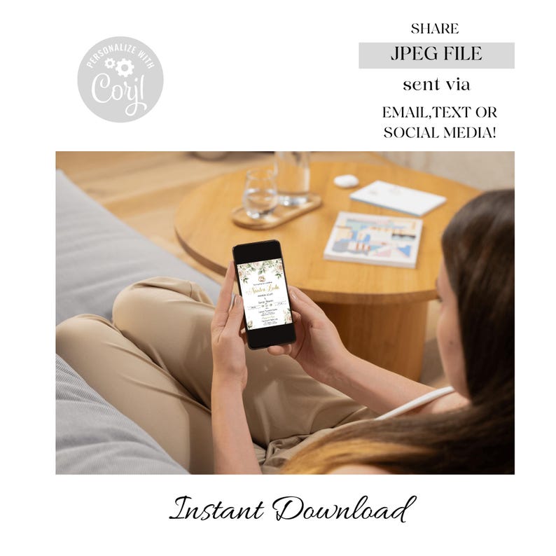May include: A person holding a smartphone displaying a digital invitation with a floral design and the text "Wedding Bells". The invitation includes details such as the date, time, and location of the wedding. The text "SHARE JPEG FILE sent via EMAIL, TEXT OR SOCIAL MEDIA!" is displayed above the phone. The text "Instant Download" is displayed below the phone.