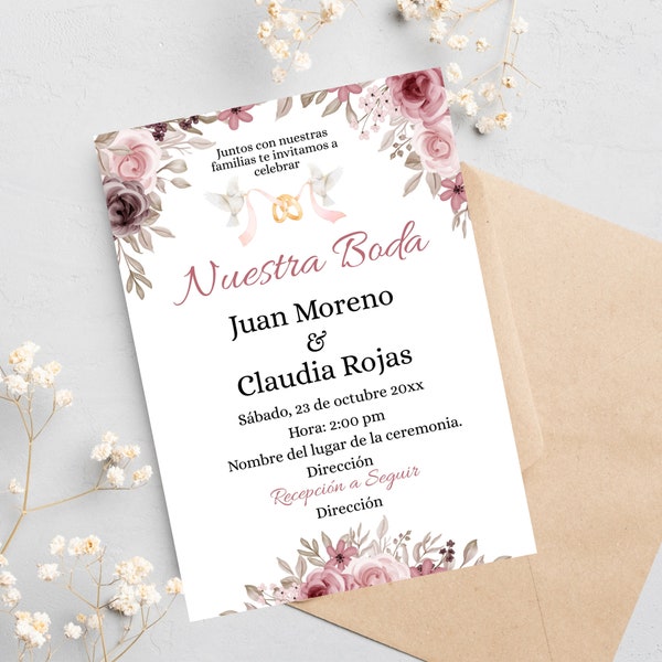 Invitacion floral para BODA En Español  Imprimirble. Invitacion para Boda en Español  color Oro y Blanco Editable descarga Instantanea.