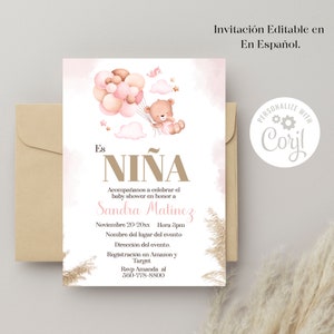 Convite para impressão de chá de bebê espanhol para menina - Convite de ursinho de pelúcia Blush para Niña Editável para imprimir, download instantâneo.