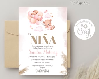 Spanish Baby Shower Printable Invitation for Girl - Invitación de teddy bear Blush para Niña Editable Imprimirble, Instant Download.