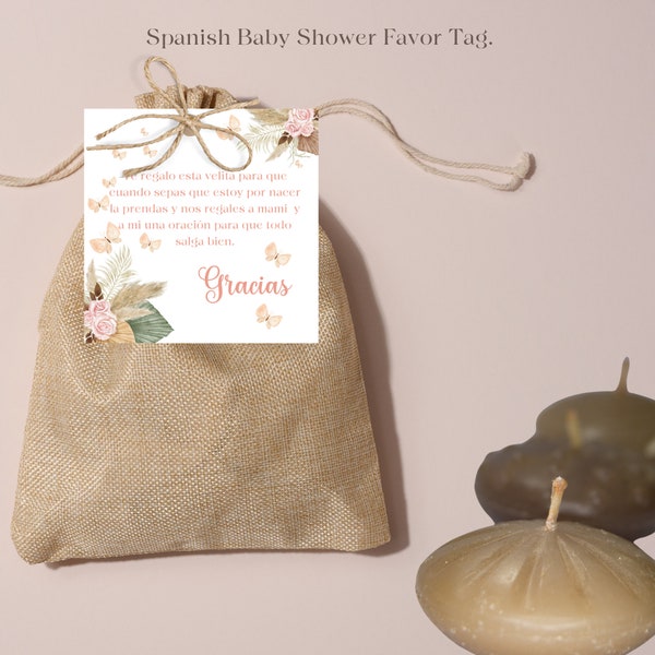 Spanish Baby Shower Favor Tags, Spanish Candle Favors favor tag, Butterfly Recuerdo para Baby Shower, Wishes and payer for baby favor tag.
