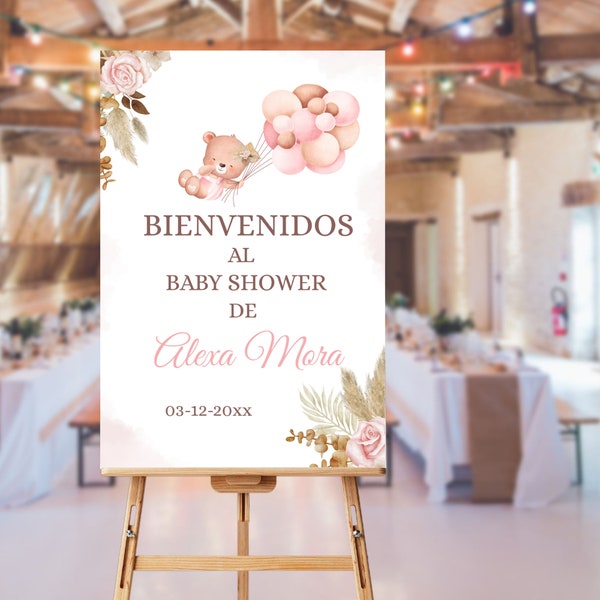 Editable Spanish Pink Teddy Bear Boho Baby Shower Welcome Sign- Printable ALL Text editable Welcome sign Template Instant Download