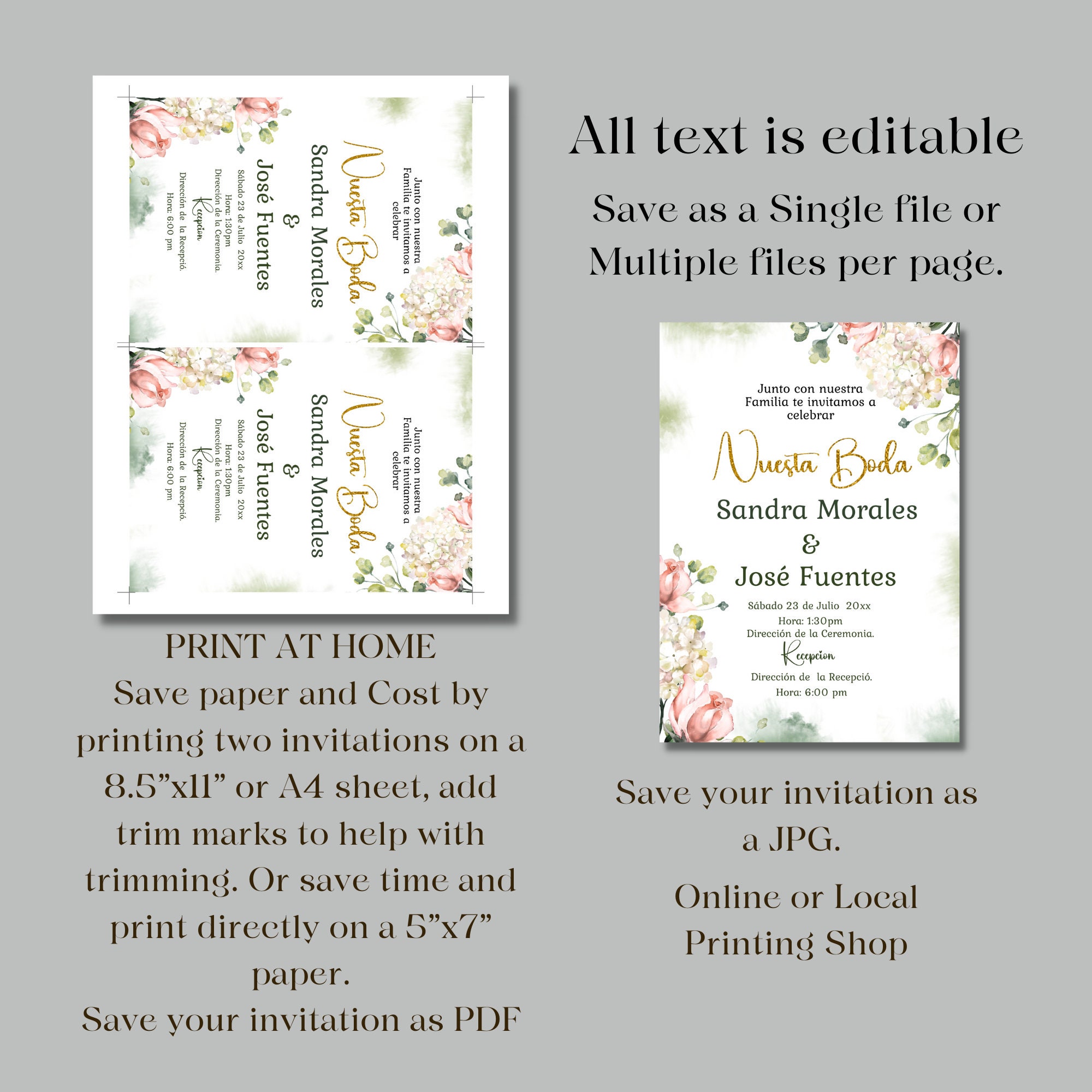 Spanish Wedding Editable Invitation-blush Floral Wedding Invitation All  Spanish Editable and Printable Invite-instant Download Invitation. - Etsy, image size:2000x2000