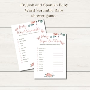 Juegos para baby shower rosita, paquetede Bilingue de juego floral para baby shower de Niña, imprimible de descarga instantanea.