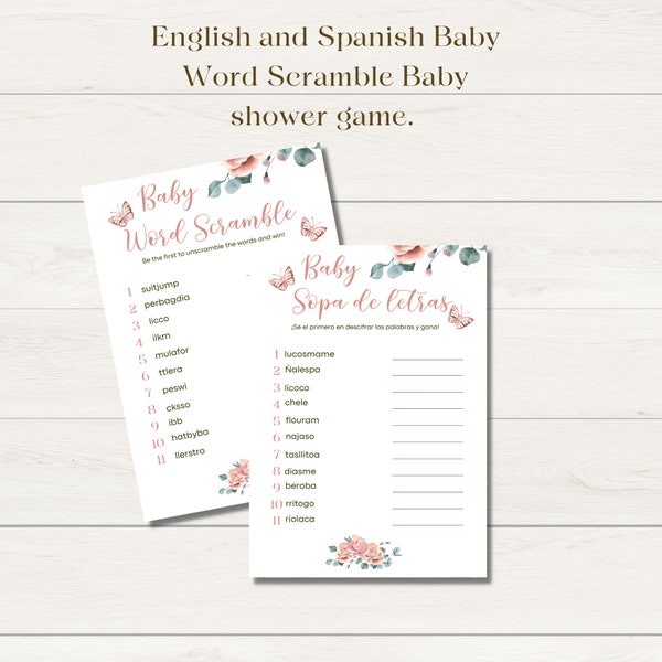 English and Spanish BABY WORD SCRAMBLE Baby Shower game Instant Download, Bilingual Baby Shower Baby Items Printable game Instant Download
